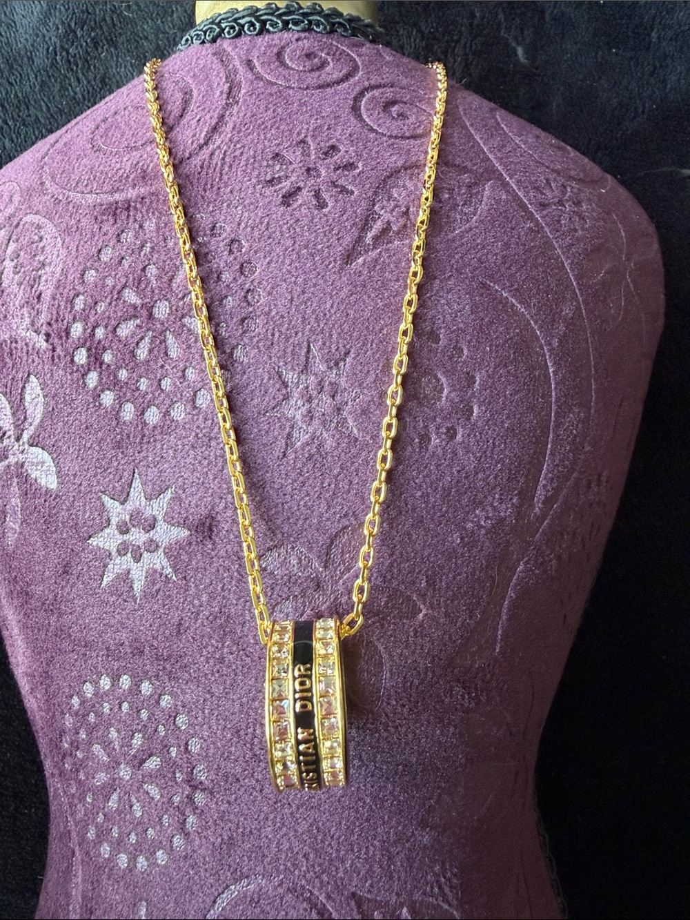 Dior Gold and Black Ring Pendant Necklace with Crystal Accents
